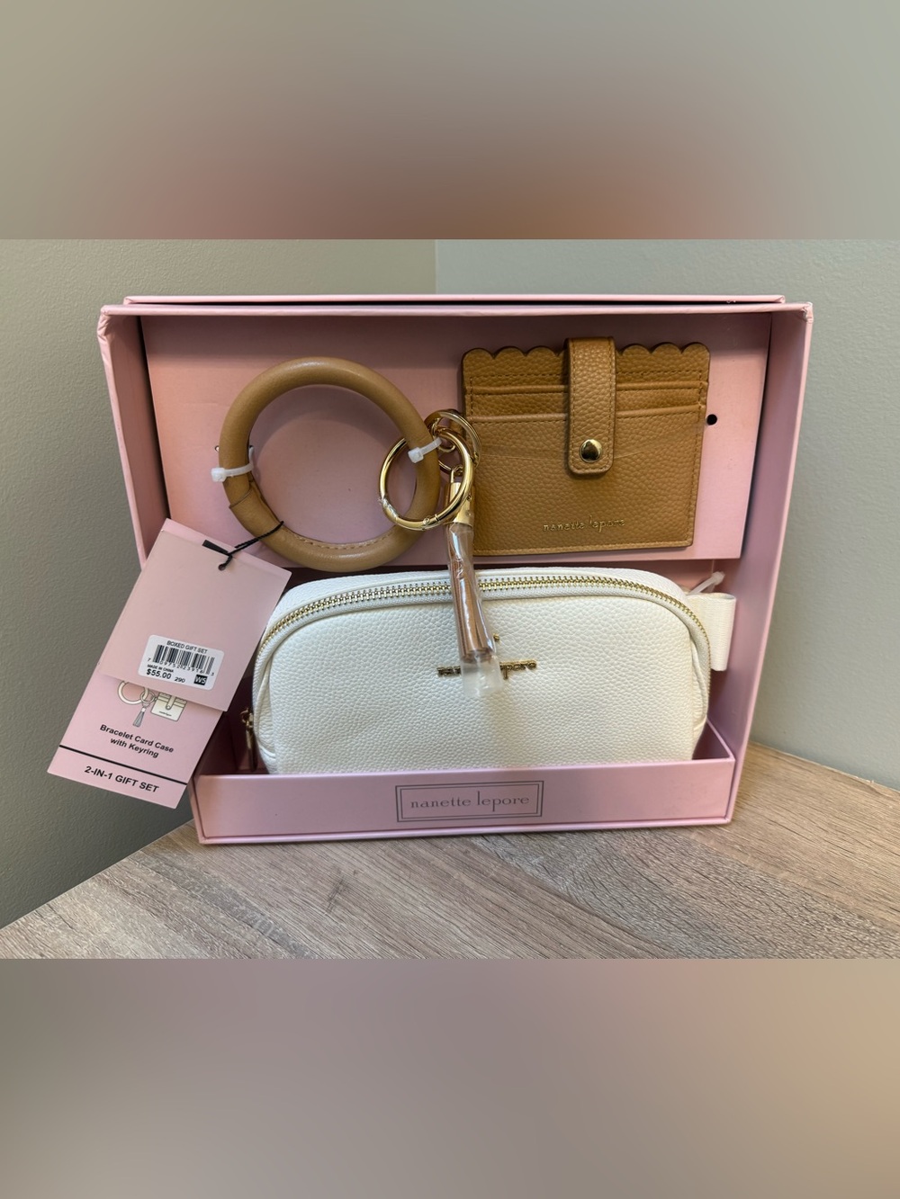 Nanette Lepore Cream Pebbled Belt Bag Set with Tan Card Case & Bracelet Keyring